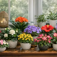 Collection de plantes fleuries d'intérieur aux couleurs vives : orchidées roses, anthuriums rouges, gardénias blancs, fleurs bleues, jaunes, roses et oranges.