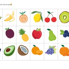 Szablon wycinanki do druku z owocami: arbuz, banan, pomarańcza, cytryna, wiśnie, kiwi, truskawka, śliwka, ananas, jabłko, gruszka, borówki, jeżyna, awokado, kokos, mandarynka, winogrona.