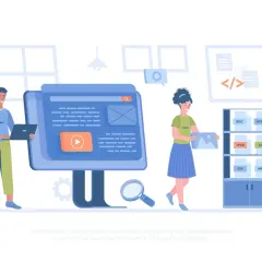 Ludzie pracują przy komputerach, zbierając dane. Na półce widać pliki DOC, HTML, JPEG, XLS, CSV, MP4.