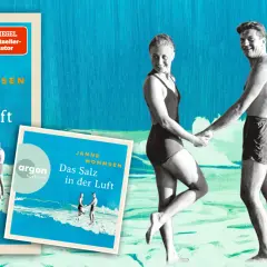 Janne Mommsen neues Buch "Das Salz in der Luft" mit einem retro-inspirierten Cover und einem Hörbuch-Cover. Ein glückliches Paar hält Händchen am Strand.