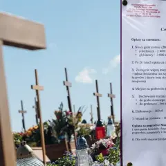 Cmentarz z krzyżami i zniczami. Cennik parafii wymienia opłatę za pogrzeb z Mszą św.