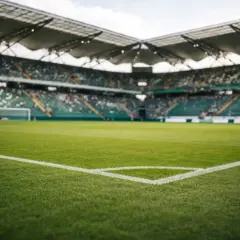 Pusta trybuna stadionu, zielona murawa i narożnik boiska. Atmosfera przed decydującymi barażami o ekstraklasę.