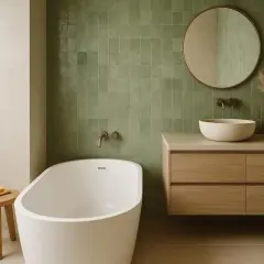 Salle de bain moderne avec baignoire îlot, vasque en pierre et murs recouverts de carreaux verts, une belle inspiration salle de bain zellige.
