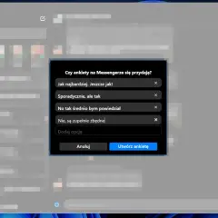 Tworzenie ankiety na Messengerze: okno dialogowe z pytaniem "Czy ankiety na Messengerze się przydają?" i polami do wpisania opcji odpowiedzi.