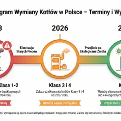 Harmonogram wymiany kotłów: w 2023 r. zakaz użytkowania kotłów bezklasowych i klasy 1-2, w 2026 r. klasy 3 i 4, a od 2030 r. tylko klasy 5.