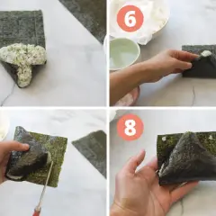 Seaweed is used to wrap rice for onigiri. The image shows steps 5-8 of making onigiri, with rice being shaped and wrapped in nori seaweed.