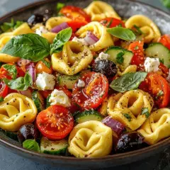 Kolorowa sałatka z tortellini, pomidorkami, ogórkiem, fetą i oliwkami. Idealna na letni obiad.