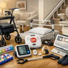 Découvrez des objets d'aide pour la vie quotidienne, facilitant le quotidien des personnes atteintes d'Alzheimer : déambulateur, lit médicalisé, siège monte-escalier, pilulier, tensiomètre, loupe, etc.
