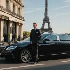 Un homme en costume attend devant une berline noire, prêt pour son transport pour Orly. La Tour Eiffel se dresse en arrière-plan.
