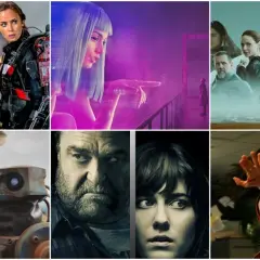 Kolaż plakatów filmowych: Tom Cruise i Emily Blunt w kombinezonach bojowych, hologramowa kobieta, postacie z Diuny, człowiek w masce gazowej z robotem, para z filmu "10 Cloverfield Lane", Michelle Yeoh w scenie akcji. To wszystko to film science fiction.