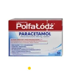 Opakowanie paracetamolu 500 mg, wskazania: bóle głowy, stawowe, mięśniowe, gorączka przy przeziębieniu.