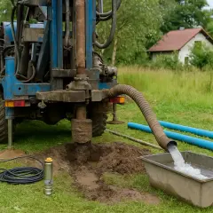 Maszyna do budowy studni głębinowej pracuje na trawiastym terenie. Woda wypływa z rury do koryta.
