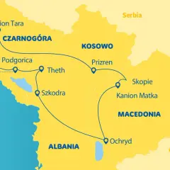 Mapa turystyczna półwyspu bałkańskiego: Czarnogóra, Kosowo, Macedonia, Albania. Trasa obejmuje Kotor, Podgoricę, Kanion Tarę, Theth, Szkodrę, Prizren, Skopje, Kanion Matka i Ochryd.