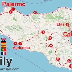 Mapa Sycylii z zaznaczonymi punktami wycieczki. Widoczne Palermo, Etna, Katania, Agrigento. Planujesz wycieczkę na Sycylię?