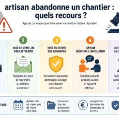 Infographie expliquant les recours en cas d'abandon de chantier par un artisan : constat, mise en demeure, garanties, médiation, action en justice.