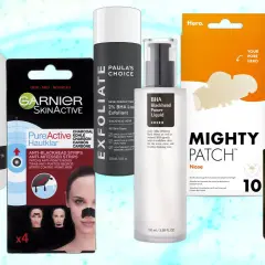Collection de produits pour un remède point noir : nettoyant, exfoliant, patchs et sérum à l'acide salicylique.