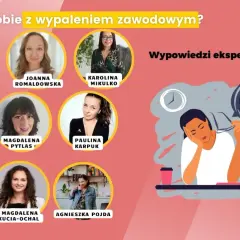 Ekspertki omawiają wypalenie zawodowe objawy. Grafika przedstawia wyczerpaną osobę przy laptopie i ikony z naładowaniem baterii.