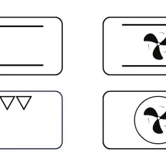 Symbole für Backofenfunktionen: Ober-/Unterhitze, Umluft mit Ventilator oben, nur Unterhitze, Umluft mit Ventilator unten.