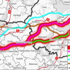 Mapa pokazuje przebieg tras S5 Grudziądz-Ostróda i S16. Kolory oznaczają różne warianty przebiegu dróg.