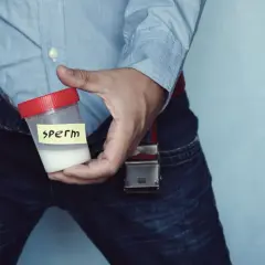 Mężczyzna trzyma pojemnik z próbką nasienia. Płyn ma białawy kolor, a nie żółty.