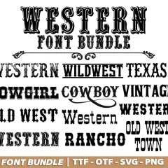 Ensemble de polices au style western : "Western", "Wildwest Texas", "Cowgirl Cowboy Vintage", "Old West", "Rancho Town".