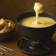 Une fondue savoyarde kirsch crémeuse, servie dans un caquelon sur un réchaud, avec des dés de pain croustillants à côté.