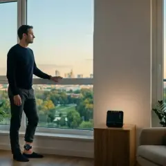 Mężczyzna w domu z opaską na nodze, symbolizującą dozór elektroniczny, patrzy przez okno na miasto.