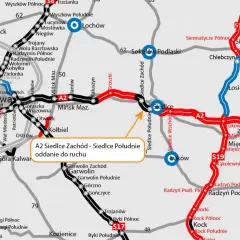 Mapa drogowa A2 Siedlce Zachód - Siedlce Południe, z zaznaczonymi drogami S19 i S17, prowadząca do Białej Podlaskiej.