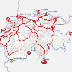 Mapa Szwajcarii z zaznaczonymi trasami i punktami kontrolnymi, wskazująca drogę do przejazdu przez winietę szwajcaria.