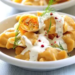 Pyszne pierogi z farszem, polane śmietaną i posypane koperkiem i pieprzem. Idealny obiad na sobotę.
