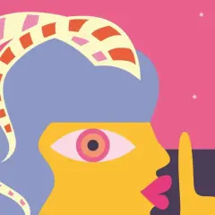 Silueta abstracta con cuernos de colores, ojo psicodélico y gesto de silencio. Representa la dualidad de libra y piscis.