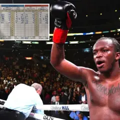 A boxer raises his glove in victory, with a scorecard in the background showing the sd boxing meaning of points awarded in a fight.