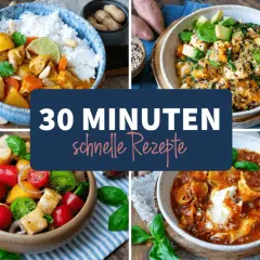 Vier leckere, schnelle Gerichte: Curry mit Reis, Quinoa-Bowl, Tomatensalat und Pasta Bolognese. Perfekt für den Feierabend!
