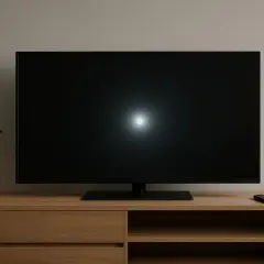 Czarny ekran telewizora na drewnianej szafce, obok stoi roślina. Czyżby telewizor sam się włącza?