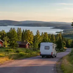 Husbil på väg längs en slingrande väg genom ett vackert landskap med röda stugor och en sjö. Perfekt för den som vill se i dalarna.
