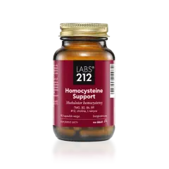 Bursztynowa butelka suplementu diety "Homocysteine Support" od LABS 212. Zawiera betainę TMG, witaminy z grupy B i L-serynę.