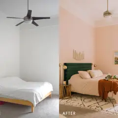 A budget bedroom makeover transforms a plain room with white walls and a simple bed into a cozy sanctuary with soft pink walls, a plush green headboard, and warm textiles.