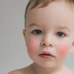 Uroczy chłopiec z rumianymi policzkami, być może z powodu nietolerancji białka mleka krowiego.