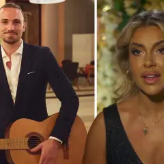 Sonja Livbom med gitarr och en kvinna i en glittrig klänning.