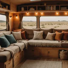 Ambiance cosy dans une caravane interieur simple. Canapé d'angle confortable, coussins douillets, plaids et vue sur la nature.
