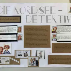 Ein Buchvorstellung Plakat über die Nordsee-Detektive. Zeigt Charaktere, ihre Eltern und wichtige Detektiv-Utensilien.
