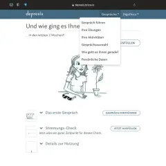 Die deprexis app zeigt ein Menü mit Optionen wie "Gespräch führen" und "Stimmungs-Check".