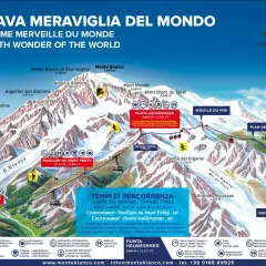 Mapa górskie z widokiem na masyw **Mont Blanc**, z zaznaczonymi szczytami, lodowcami i kolejkami.
