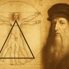 El hombre de Vitruvio de Leonardo da Vinci, junto a un retrato del genio renacentista.