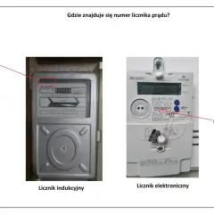 Na zdjęciu pokazano dwa liczniki prądu: indukcyjny i elektroniczny. Na obu widoczny jest numer licznika, zaznaczony czerwoną linią.