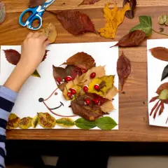 Niño haciendo otoño manualidades preescolar: un erizo con hojas secas y bayas rojas, junto a una mariposa y un pájaro hechos de hojas.