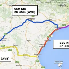 Mapa de rutas Euromed Barcelona Valencia y Madrid. Muestra trayectos en tren AVE y otras rutas.