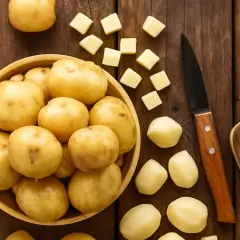 Patatas enteras y cortadas en cubos sobre una mesa de madera. ¡Un snack saludable que los perros pueden comer patata cocida!