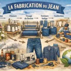 Le processus de fabrication du jean, de la culture du coton à la confection, illustré avec des machines et des artisans.