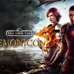Bohaterowie w zbrojach stoją na tle mrocznego, burzowego krajobrazu. Logo gry "The Dark Eye: Demonicon" jest widoczne.